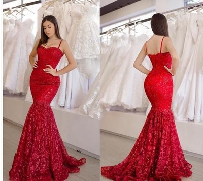 Mermaid Red Spaghetti Straps Lace Prom Dresses