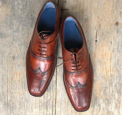 Handmade Brown Wing Tip Brogue Leather Lace Up Shoes For Men's