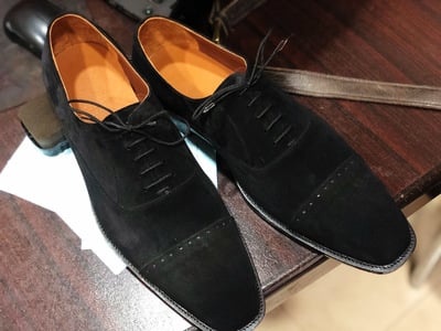 Men's Handmade Black Cap Toe Suede Lace Up Shoes For Men's
