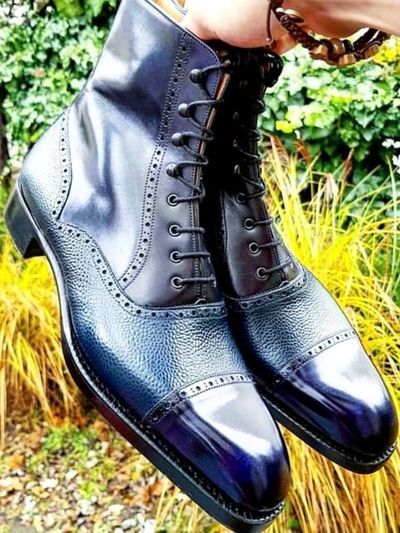 Men's Handmade Ankle High Blue Cap Toe Pebbled Leather Lace Up Boot