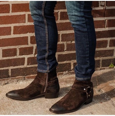 Handmade Men's Chocolate Brown Madrid Straps & Side Zipper Suede Boot