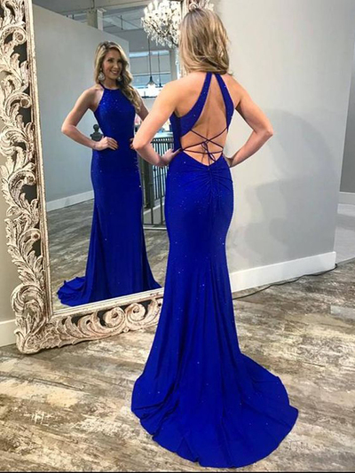 Sparkly Mermaid Halter Cross Back Royal Blue Satin Long Prom Dresses with Train,Formal Party Dresses