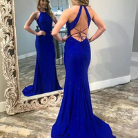 Sparkly Mermaid Halter Cross Back Royal Blue Satin Long Prom Dresses with Train,Formal Party Dresses - Thumbnail 1