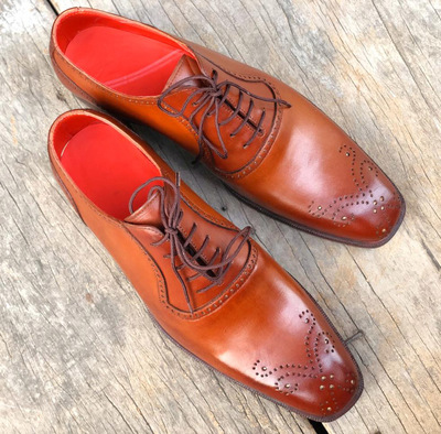 Men's Handmade Stylish Tan Brogue Leather Lace Up Shoes