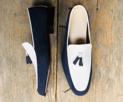 Handmade White & Blue Men's Cotroy Leather Tussles Loafers Shoes For Men's
