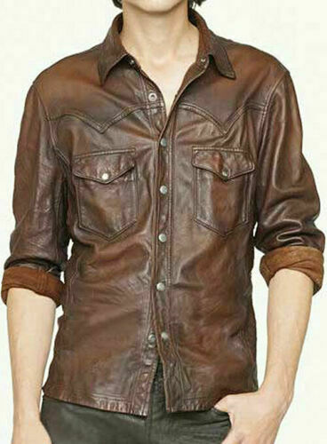 Men's Leather Shirt Genuine Lambskin Soft Basic Vintage Jacket Biker Slim Fit men