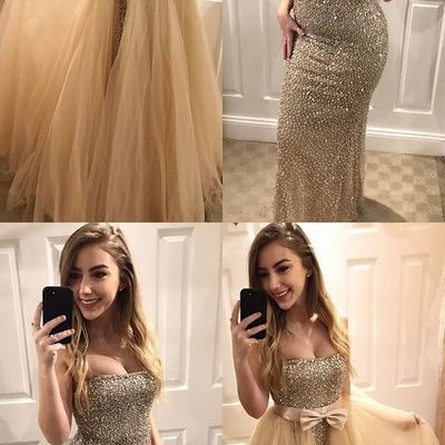 Unique mermaid strapless gold beaded detachable long prom dresses,two piece formal party dresses - Thumbnail 4