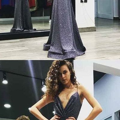 Glamorous mermaid v neck open back grey sequins long prom dresses,evening party dresses - Thumbnail 2