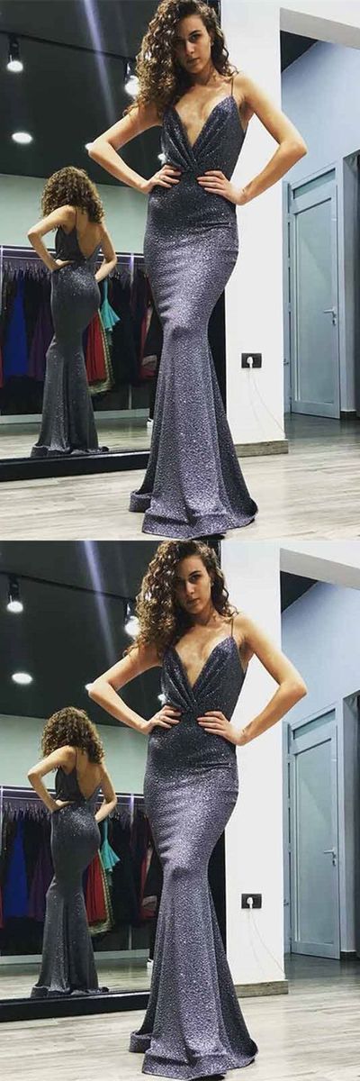 Glamorous Mermaid V neck Open Back Grey Sequins Long Prom Dresses,Evening Party Dresses