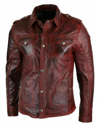 Men's Shirt Jacket Maroon Real Soft Genuine Waxed Leather Shirt Leather for Mens1