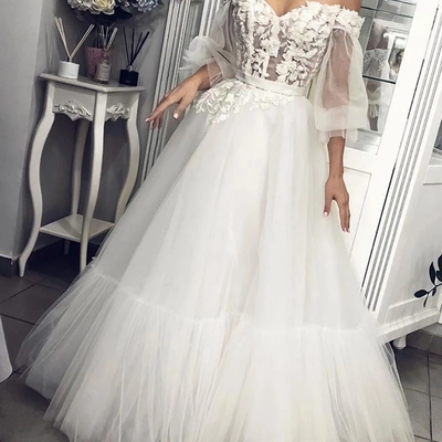 Unique a-line off the shoulder open back white lace appliques wedding dresses,long prom dresses - Thumbnail 4