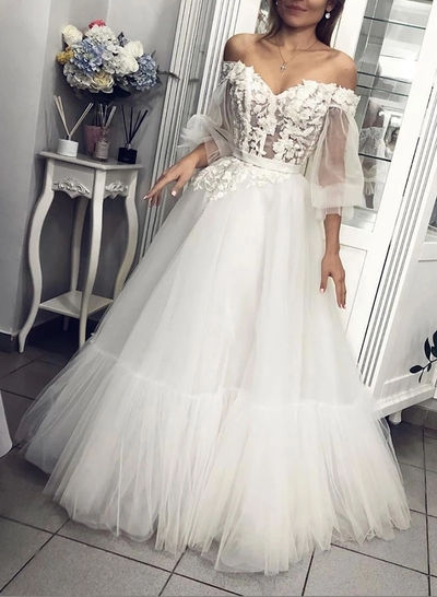 Unique A-Line Off the Shoulder Open Back White Lace Appliques Wedding Dresses,Long Prom Dresses