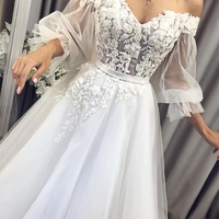 Unique A-Line Off the Shoulder Open Back White Lace Appliques Wedding Dresses,Long Prom Dresses - Thumbnail 1