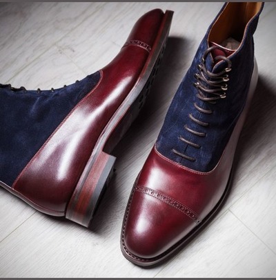 Men's Handmade Ankle High Navy Blue & Maroon Cap Toe Leather Suede Lace Up Boot