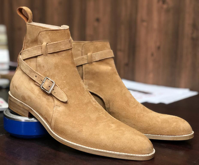 Men's Handmade Beige Ankle High Jodhpurs Suede Boot For Men's