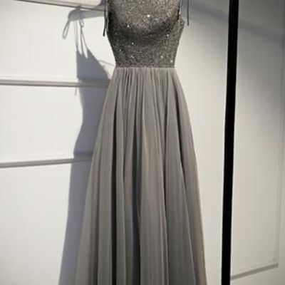 Princess a-line scoop neck open back grey tulle beading long prom dresses,girls graduation dresses - Thumbnail 4