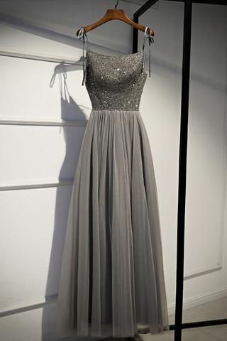 Princess A-Line Scoop Neck Open Back Grey Tulle Beading Long Prom Dresses,Girls Graduation Dresses