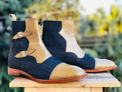 Handmade Ankle High Beige Blue Double Monk Cap Toe Boot, Denim & Leather Boot For Men's