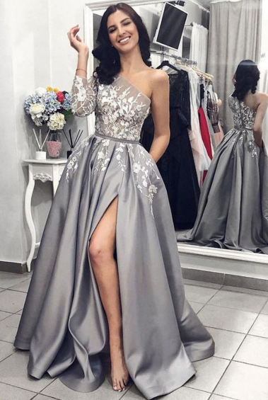 One Shoulder Long Sleeves Grey Satin Split Long Prom Dresses With Pockets