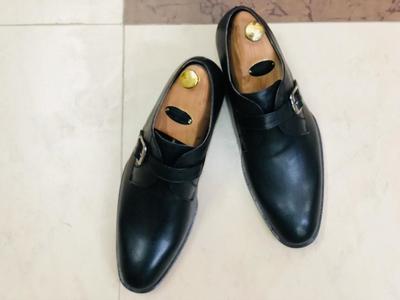 Men's Handmade Black Leather Buckle Monk Shoes