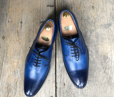 Men's Handmade Stylish Blue Brogue Pointed Toe Leather Lace Up Shoes For Men's
