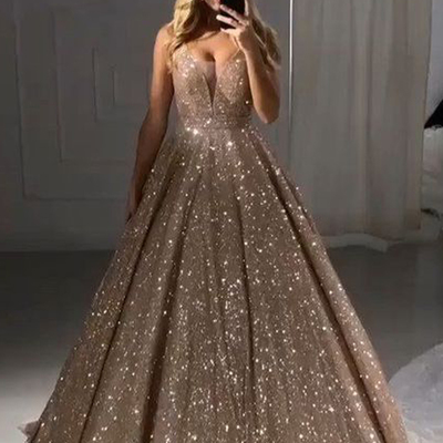 Sparkly ball gown v neck champagne sequins long prom dresses,evening party dresses,quinceanera dresses - Thumbnail 4