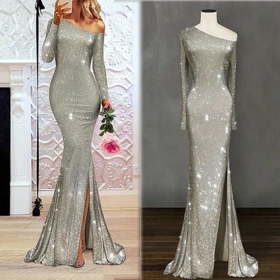 Mermaid grey sequined wedding dresses with sleeves - Thumbnail 3