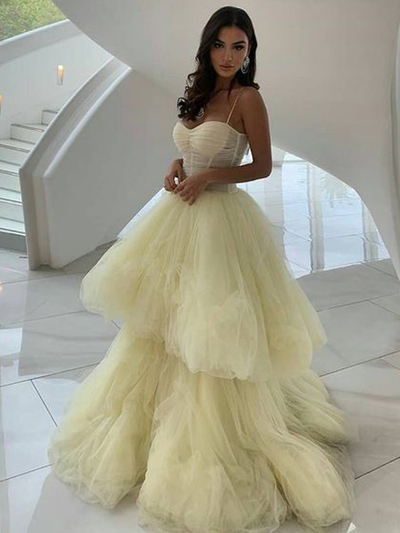 Gorgeous Ball Gown Sweetheart Spaghetti Straps Open Back Yellow Tulle Long Prom Dresses,Pageant Dresses