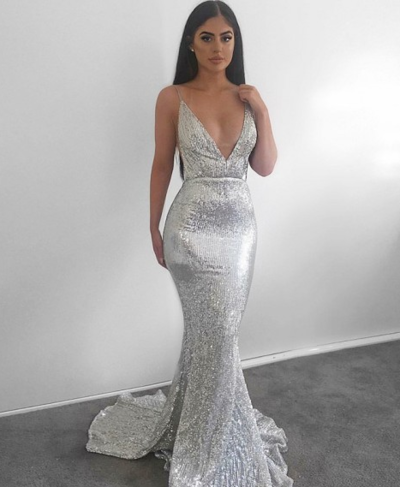 Sexy Backless Mermaid Sweep Train Silver Sequined Prom Dress