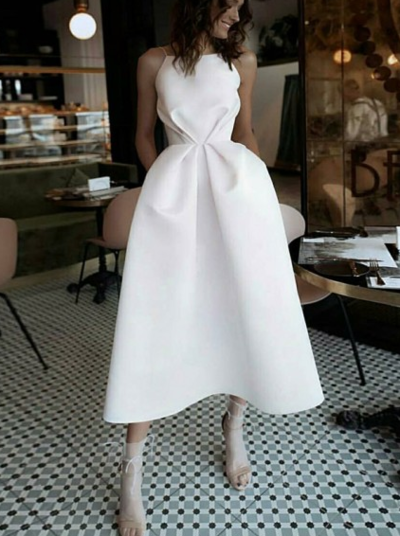 Beauty Spaghetti Straps Tea-Length Prom Dress with Pockets