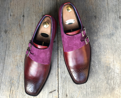 Men's Handmade Burgundy Purple Suede Leather Double Monk Shoes