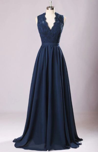 Elegant A Line Navy Blue Chiffon Backless Prom Dresses,Formal Dress