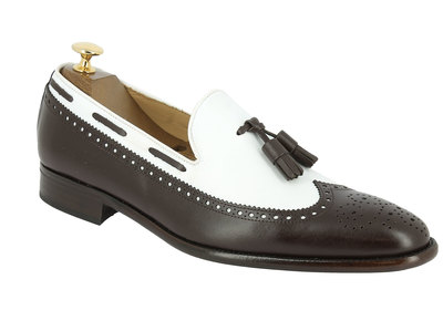 Men's White & Black Wing Tip Brogue Leather Tussles Loafers Shoes