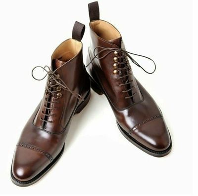Men's Handmade Ankle High Brown Cap Toe Leather Lace Up Boot