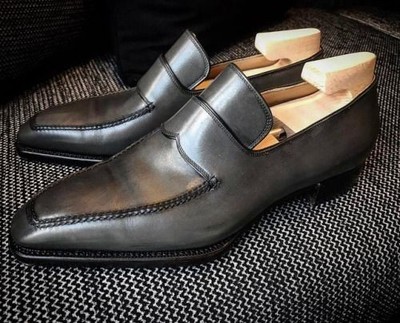 Men's Handmade Gray Round Toe Leather Loafers Shoes