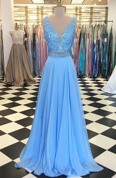 A Line Sky Blue Two Pieces Sexy Chiffon Prom Dress, Long Beading Evening Dress