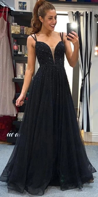 Fashion Black A-line Long Prom Dress with Beading,Sweet 16 Quinceanera Dress