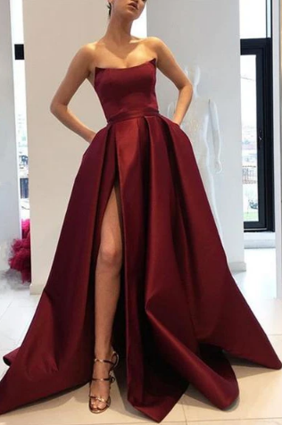 Beautiful Strapless A Line Long Satin Prom Dresses With Split ,Sexy Party Dress