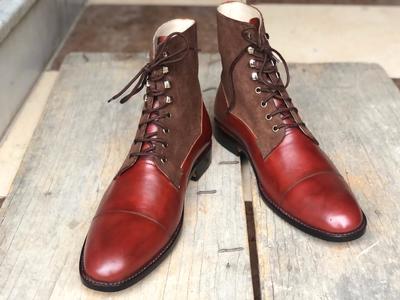 Men's Handmade Ankle High Brown Cap Toe Leather Suede Lace Up Boot