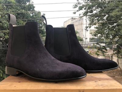 Handmade Men's Navy Blue Ankle Chelsea Suede Boot
