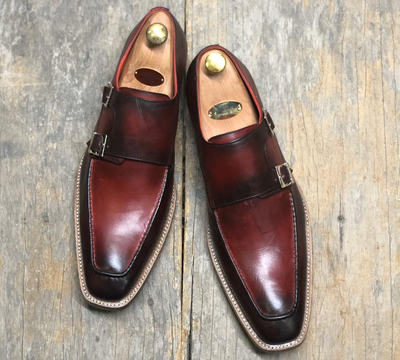 Men's Handmade Burgundy Leather Double Monk Shoes