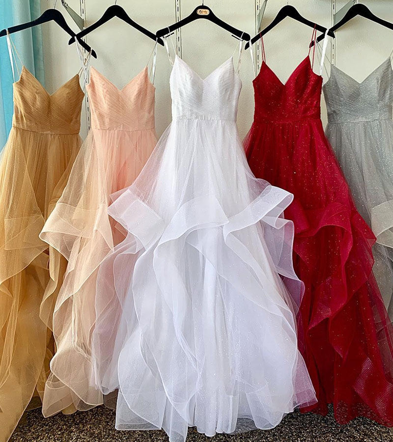 Simple v neck tulle long prom gown evening dress