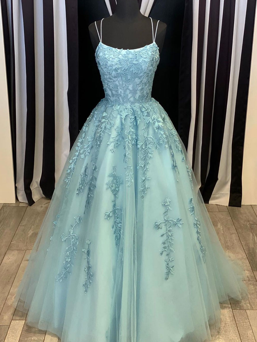 Blue lace long prom dress formal gown