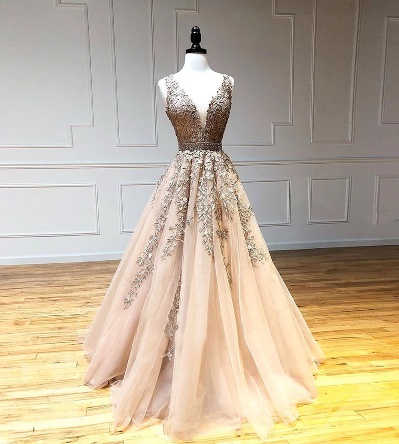A line v neck tulle lace ball gown