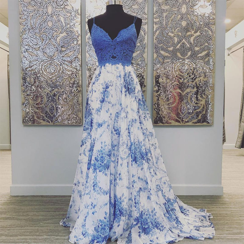 Blue lace long prom gown party dress