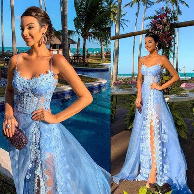 Sky Blue Spaghetti Straps Prom Dresses with Split Side