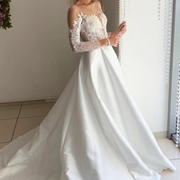 Elegant A-Line Scoop Neck Long Sleeve White Satin Lace Wedding Dresses,Simple Bride Dresses - Thumbnail 1