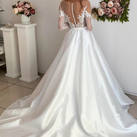 Elegant A-Line Scoop Neck Long Sleeve White Satin Lace Wedding Dresses,Simple Bride Dresses - Thumbnail 2