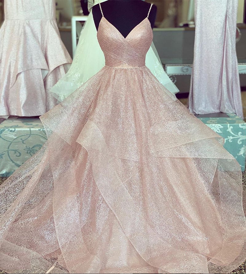 Pink v neck sequins long prom gown