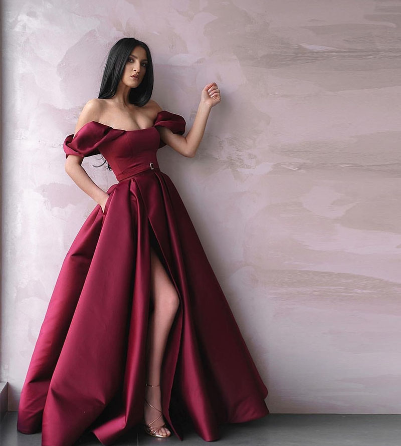 Burgundy satin long prom dress